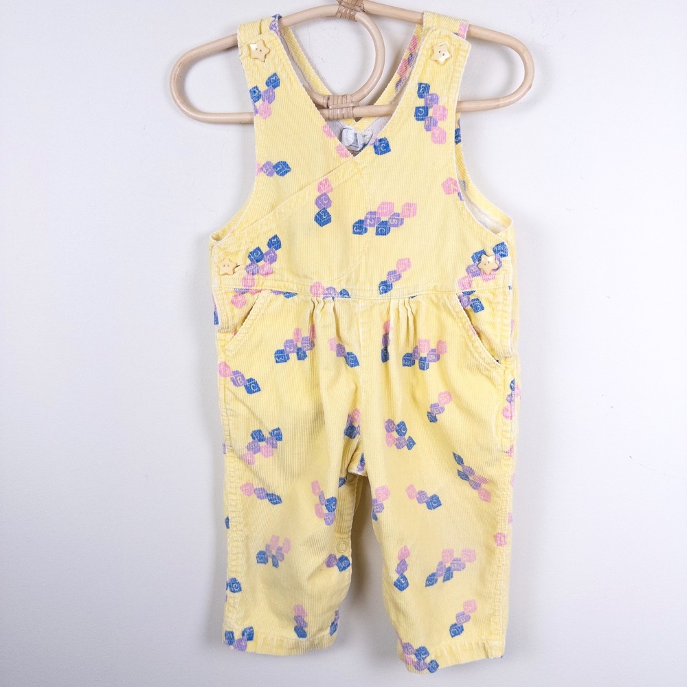 Vintage 90s All Mine Corduroy Overalls Kids 6-12M Yellow Alphabet Block Print